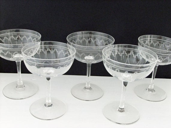  champagne saucers  etched champagne glasses  5 champagne saucers