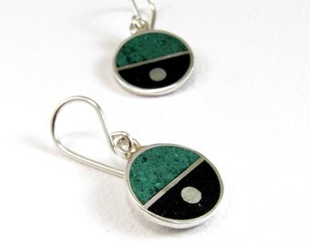 Sterling Silver Earrings, Divided Circles, Black and Green, Dangle, Modern, Contemporary