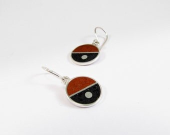 Sterling Silver Earrings, Diagonal, Geometric, Divided Circles, Black and Maroon, Modern, Contemporary