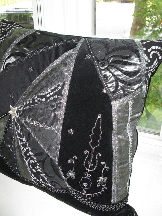 Crazy Quilt Black and Silver Handmade Pillow Cover Shining