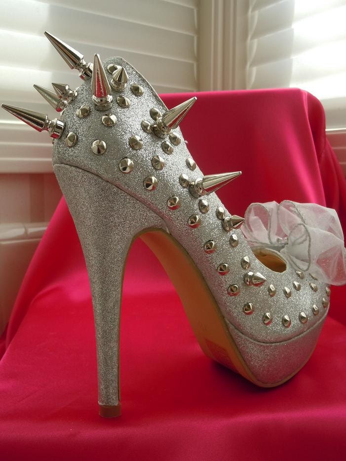 High Heel Platform Spiked Women Shoes Silver Glitter size 7