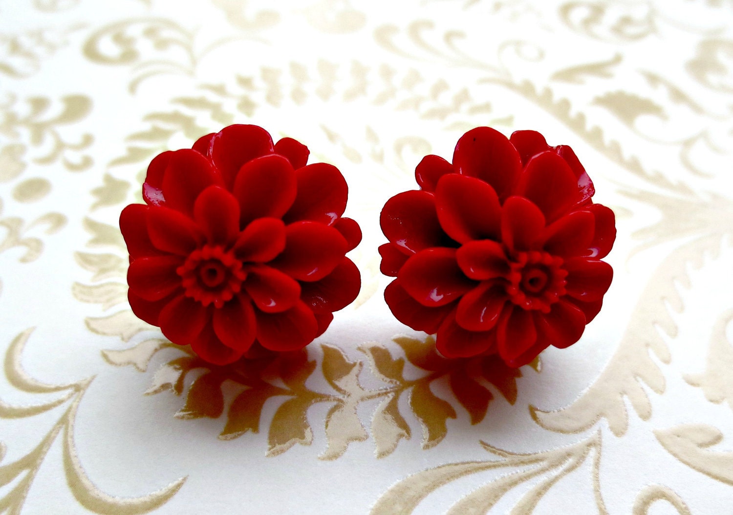 Rich Red Chrysanthemum Stud Earrings