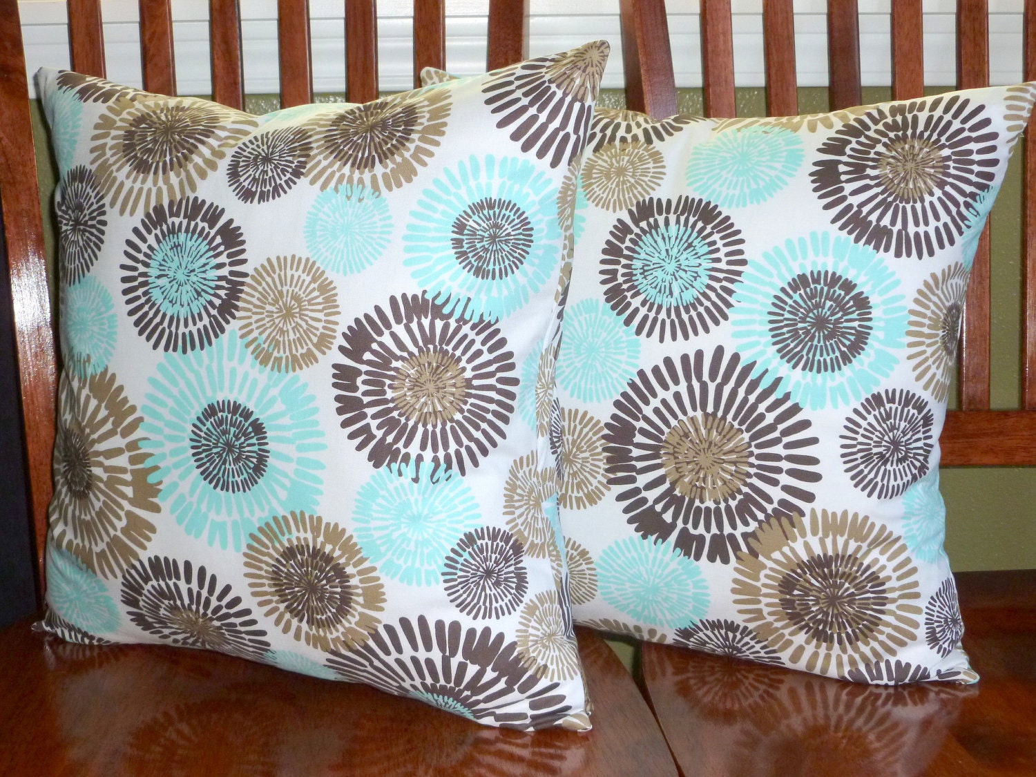 Decorative Accent Pillows Covers Aqua White and Brown Two