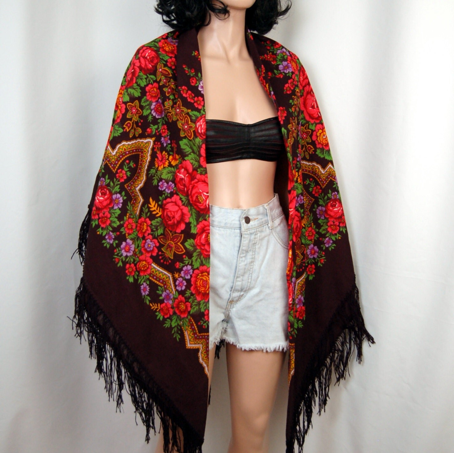 70's Wide Fringe Mexican Floral Shawl