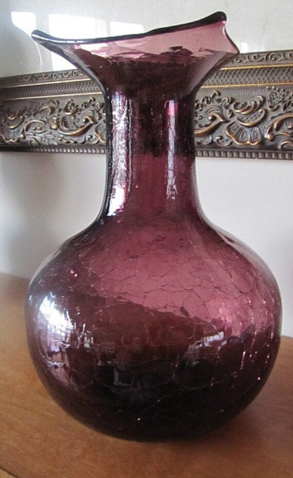 Vintage Amethyst Crackled Glass Vase Purple Glass Vase