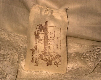Vintage Christmas Hand Stamped Muslin Gift Bag ECS