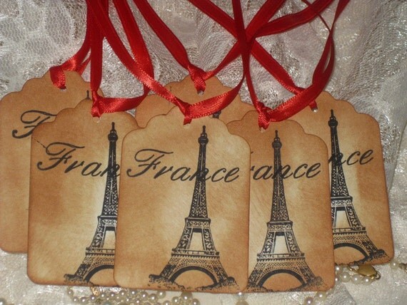 Vintage Paris France Gift Tags Hand Stamped Eiffel Tower Set