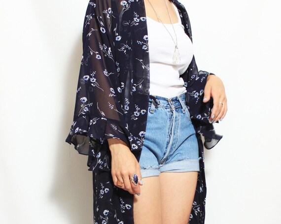 Kimono Robe in Sheer Navy with Floral Print One size fits