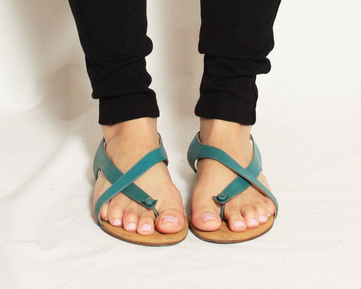 Leather Boho Gladiator Sandals in Bright Teal by by RagRichVintage