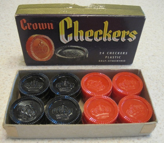 Crown Checkers 24 Plastic Checkers Self-Stacking 1960s in