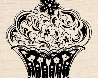 SPRING FLOWER CUPCAKE - Rubber Stamp - Inkadinkado mindscape wood mounted rubber stamp card making scrapbooking, cupcake rubber stamp