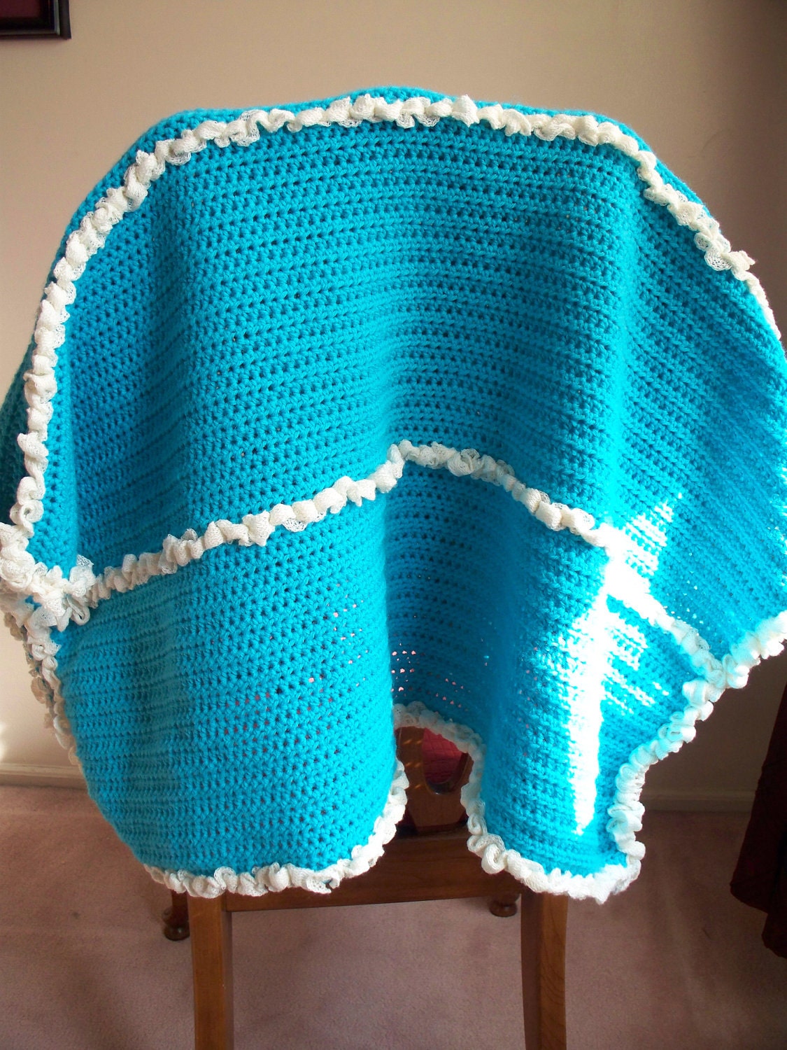 Turquoise Crochet Baby Blanket with Cream by InterwovenCreations