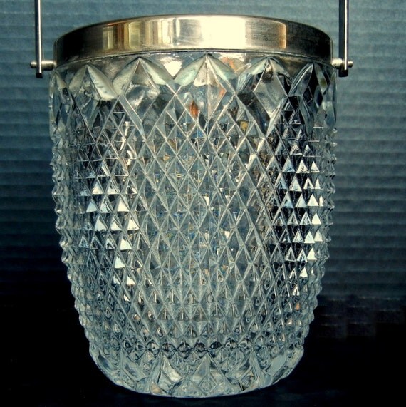 Mini GLASS Ice Bucket with SILVER Plate handle and TrimCurved