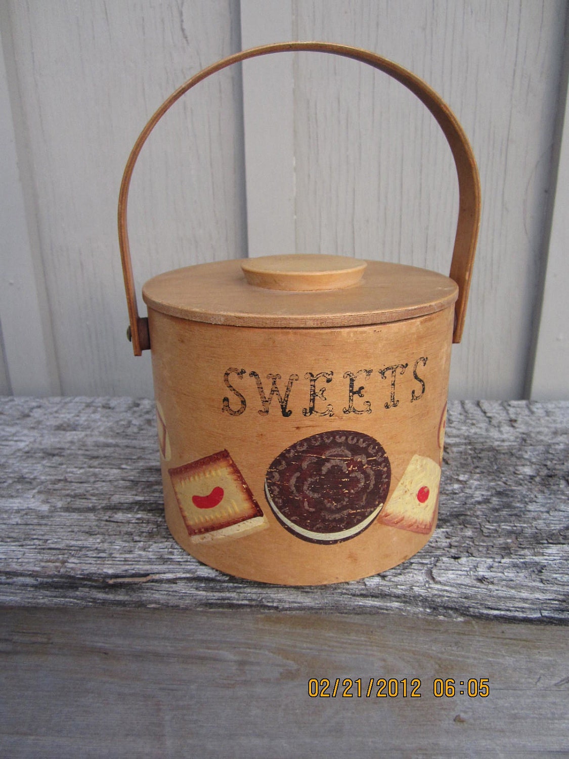 Vintage Wood cookie jar box hand painted sweets by WestofChelsea