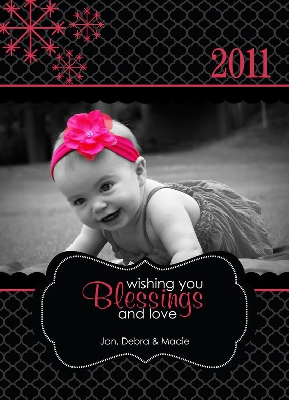 Blessings Black & Pink Custom Christmas Holiday Photo Card Il_570xn