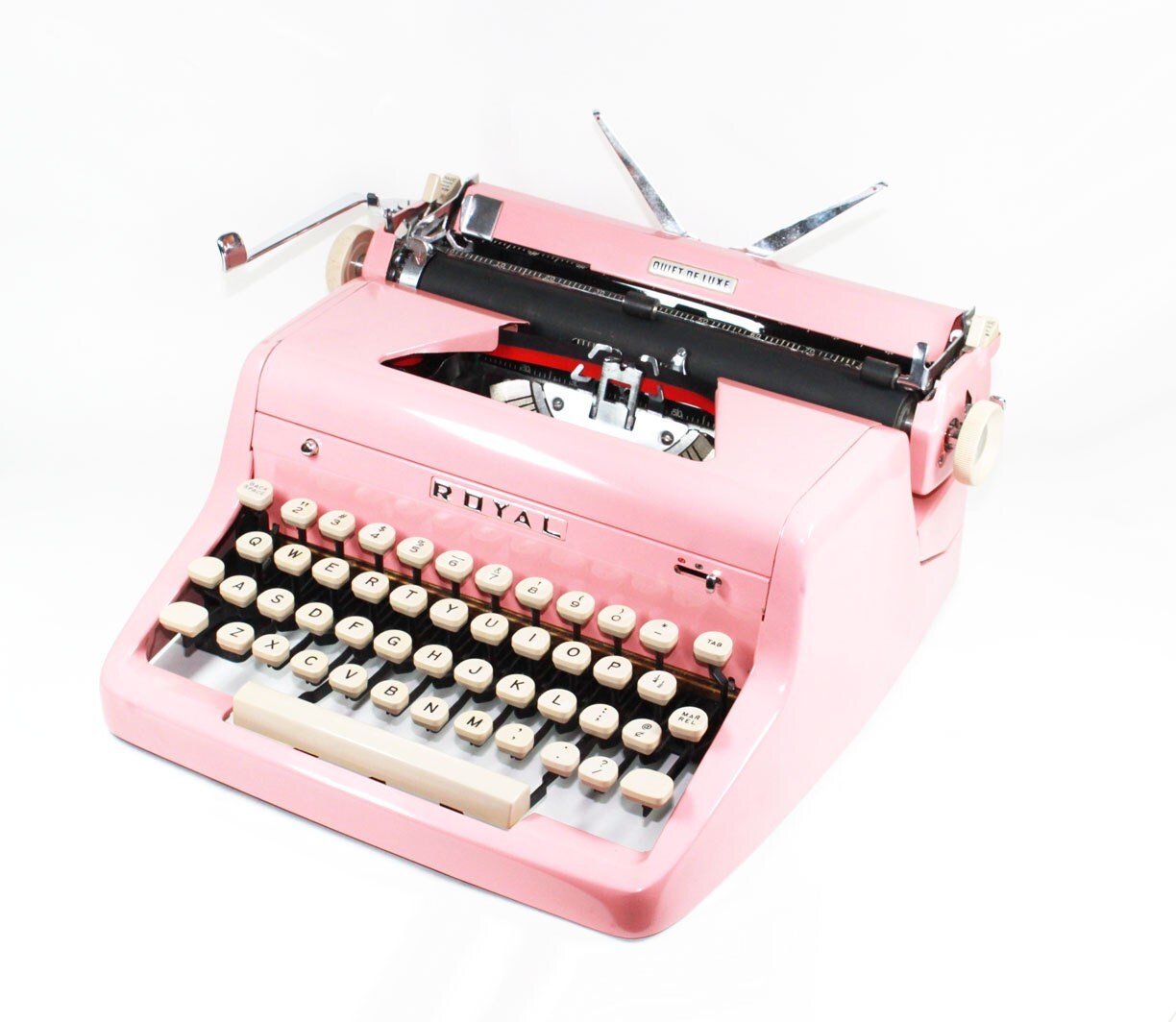 Vintage 1955 Bright Pink Royal Quiet De Luxe Manual Typewriter