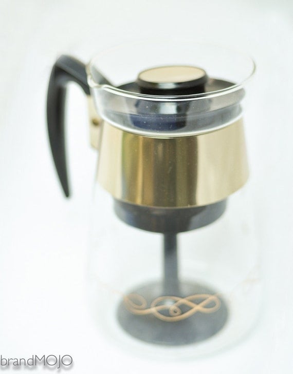 Mid century Glass Stove top Coffee Pot Percolator gold details