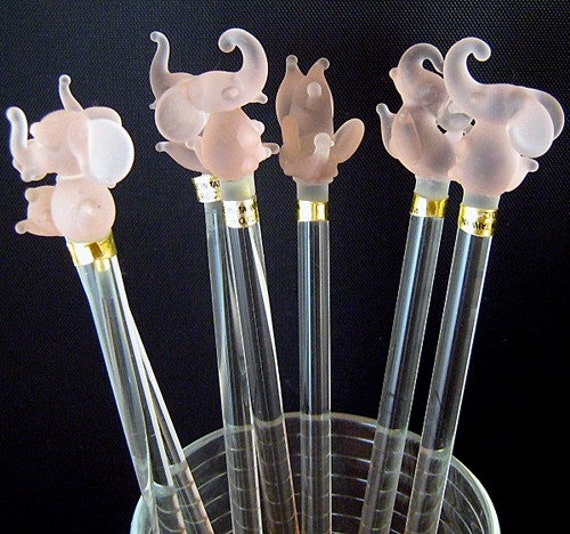 Vintage Glass Swizzle Sticks Drink Stirrers Pink Elephants