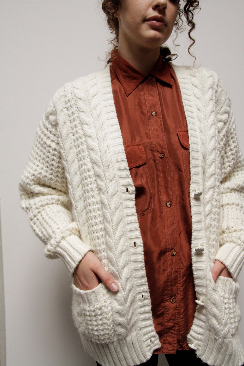 women's CARDIGAN sweater CREAM long THICK knit cable warm