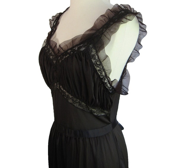 Vintage 1950s Long Black Nightgown. Feminine Sheer with