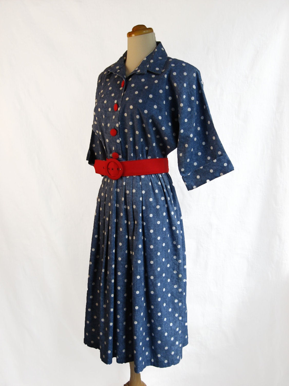 Blue Shirtwaist Dress  White Polka Dots Red Buttons and Belt 