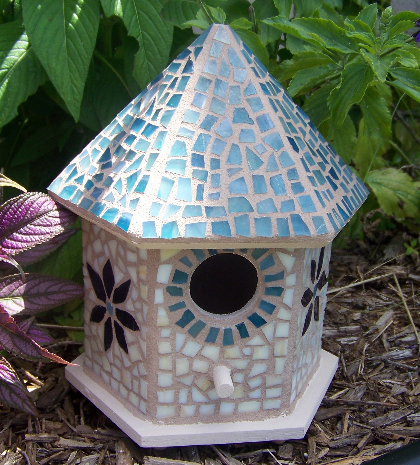 OOAK Handmade Stained Glass Mosaic Birdhouse Purple and Blue