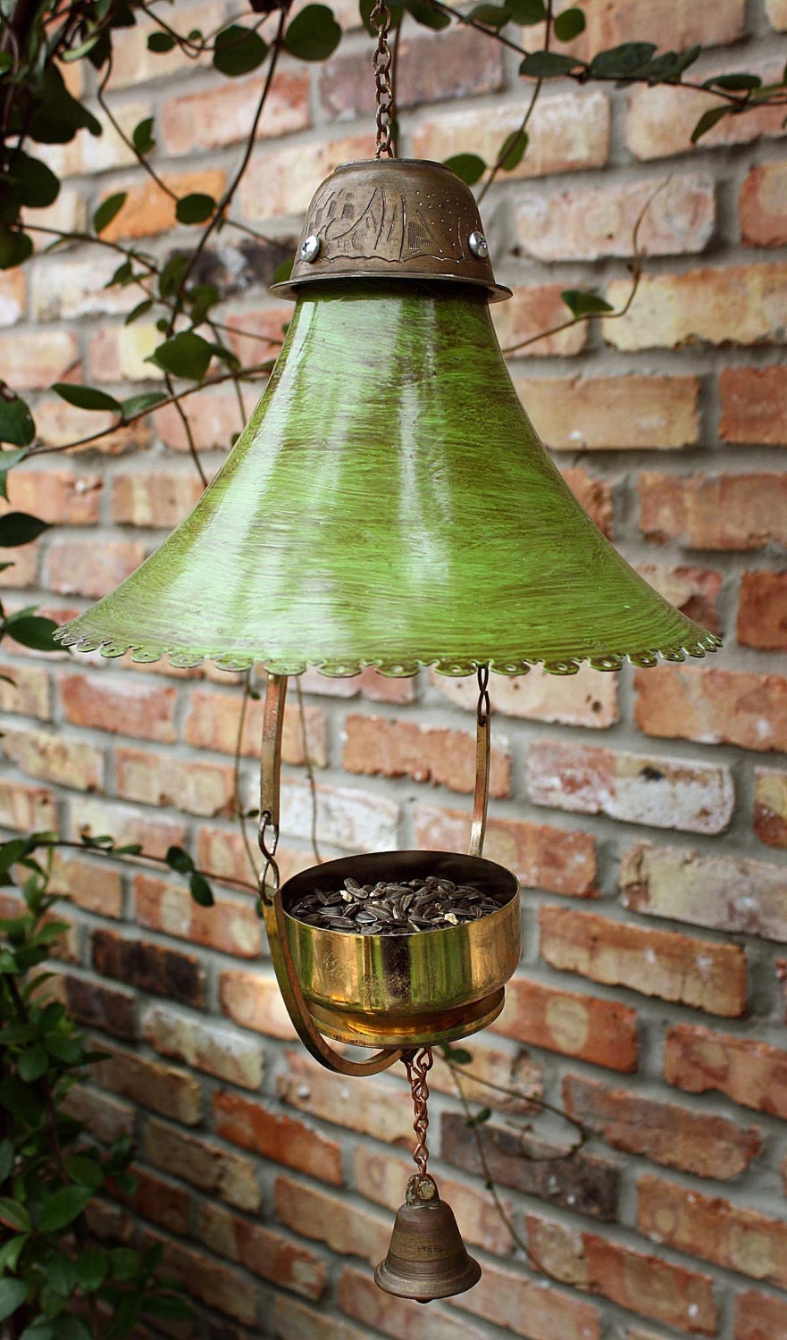Upcycled Recycled Bird Feeder of Found Objects Green Roof