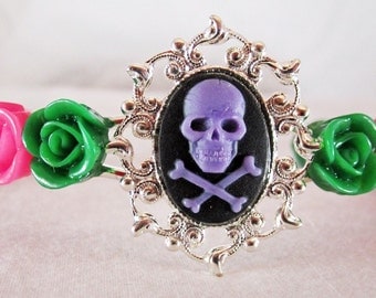 Purple Skull Bracelet Silver Plated Cuff with Hot Pink and Green Lucite Roses