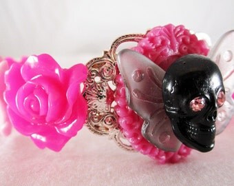 Goth Rhinestone Skull Bracelet with Swarovski Crystal, Butterfly and Hot Pink Accents