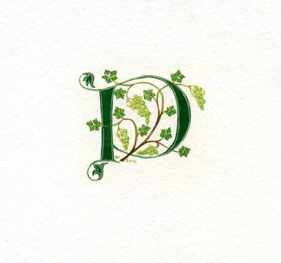 Initial letter 'P' handpainted in green with grapes