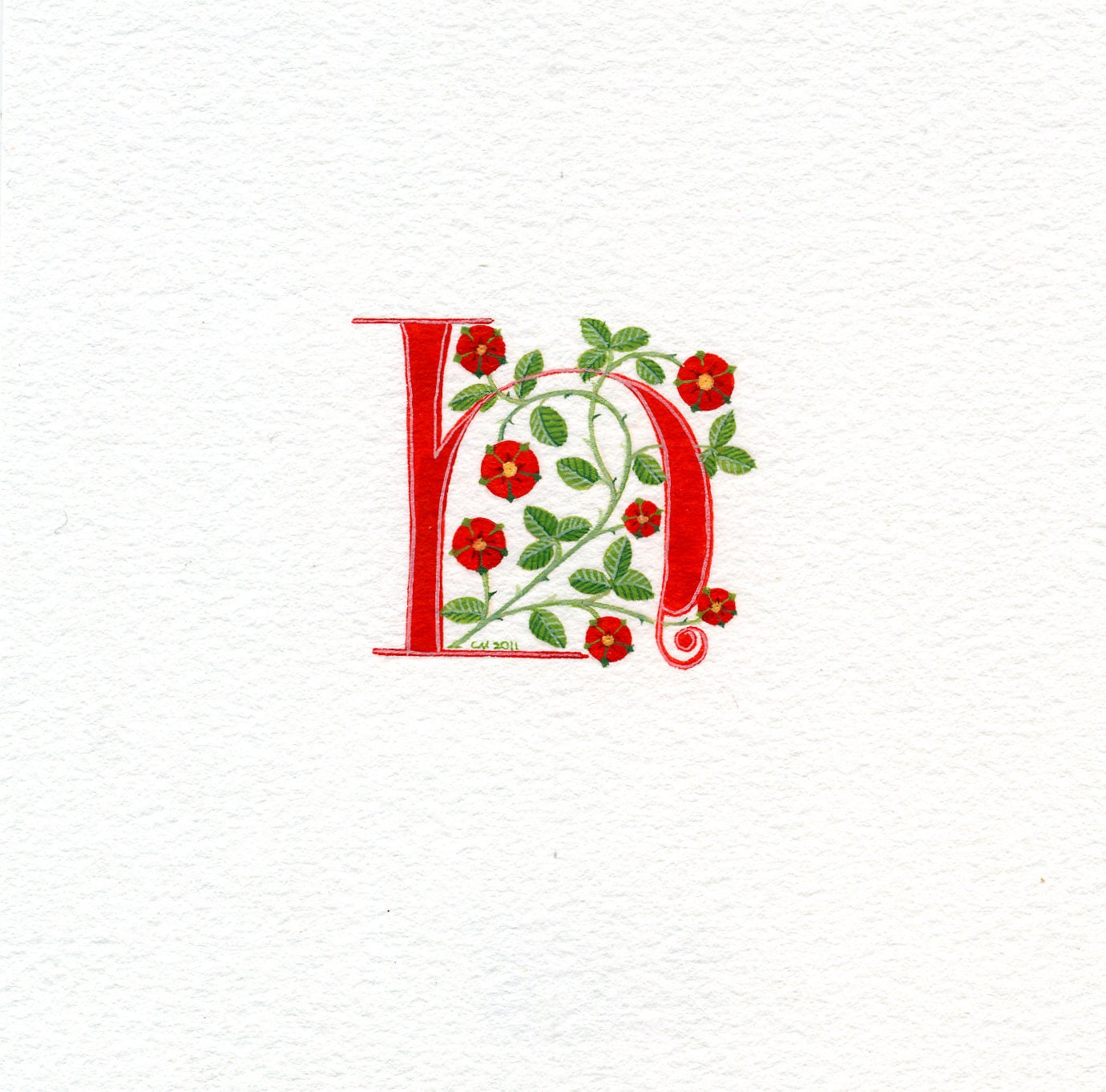 Manuscript initial letter 'H' in red with heraldic