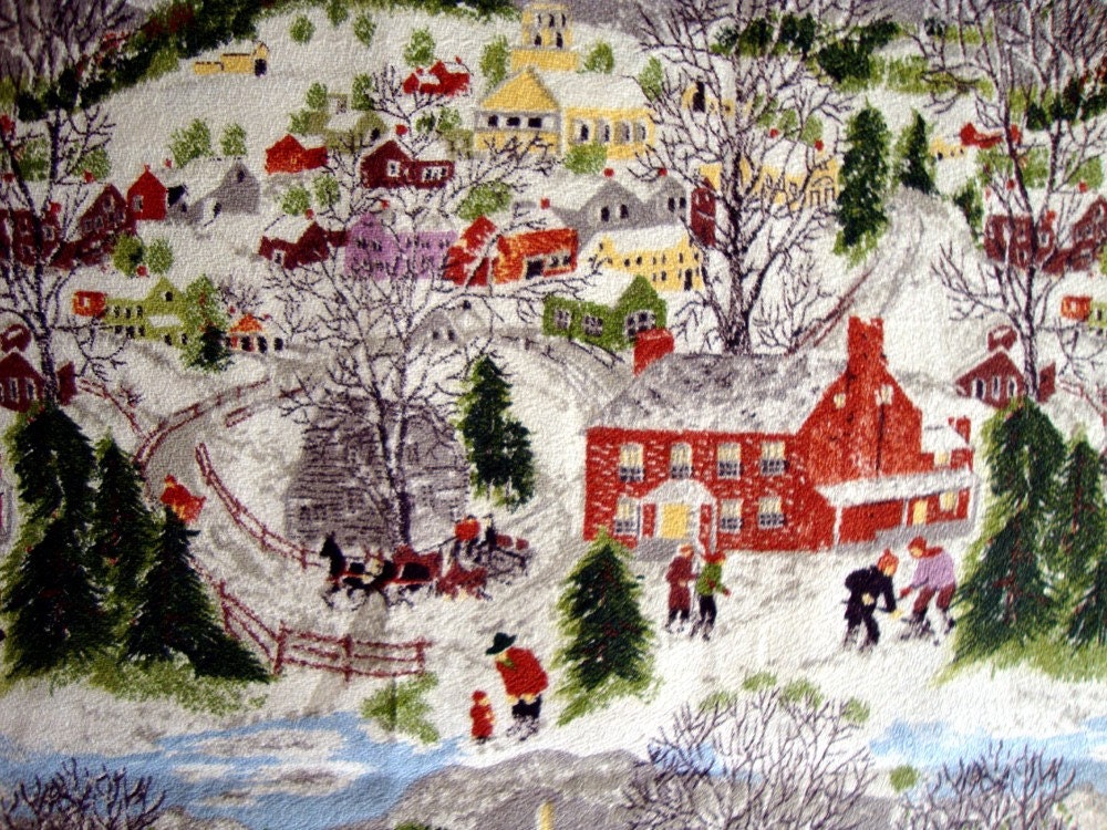 Vintage Cotton Fabric with Snowy Winter Scene by Riverdale