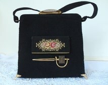 ... handbag, couture, compact mirror on front, brass adornments, Layaway