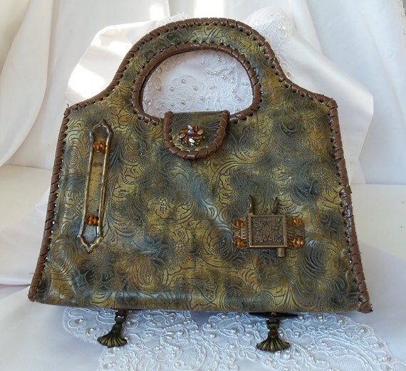 Leather purse, embossed with vintage brass hardware, vintage jewelry