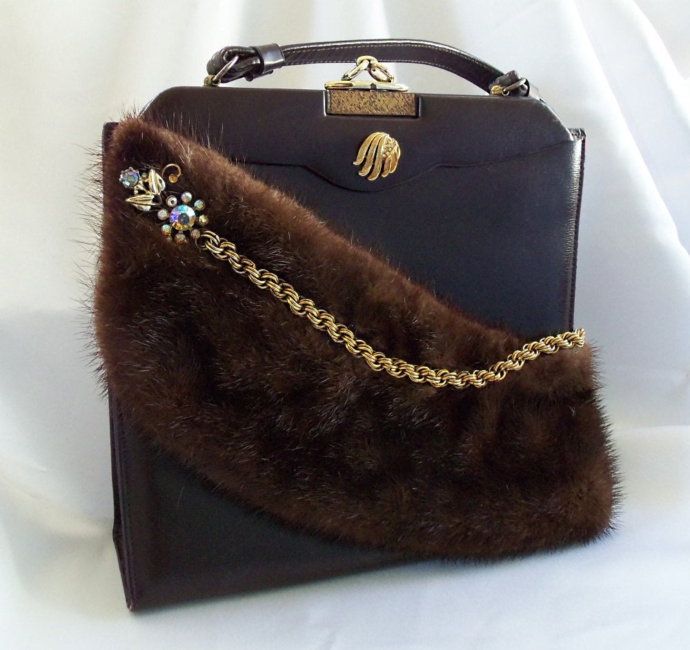 Vintage fur leather purse brown rhinestone by HopscotchCouture