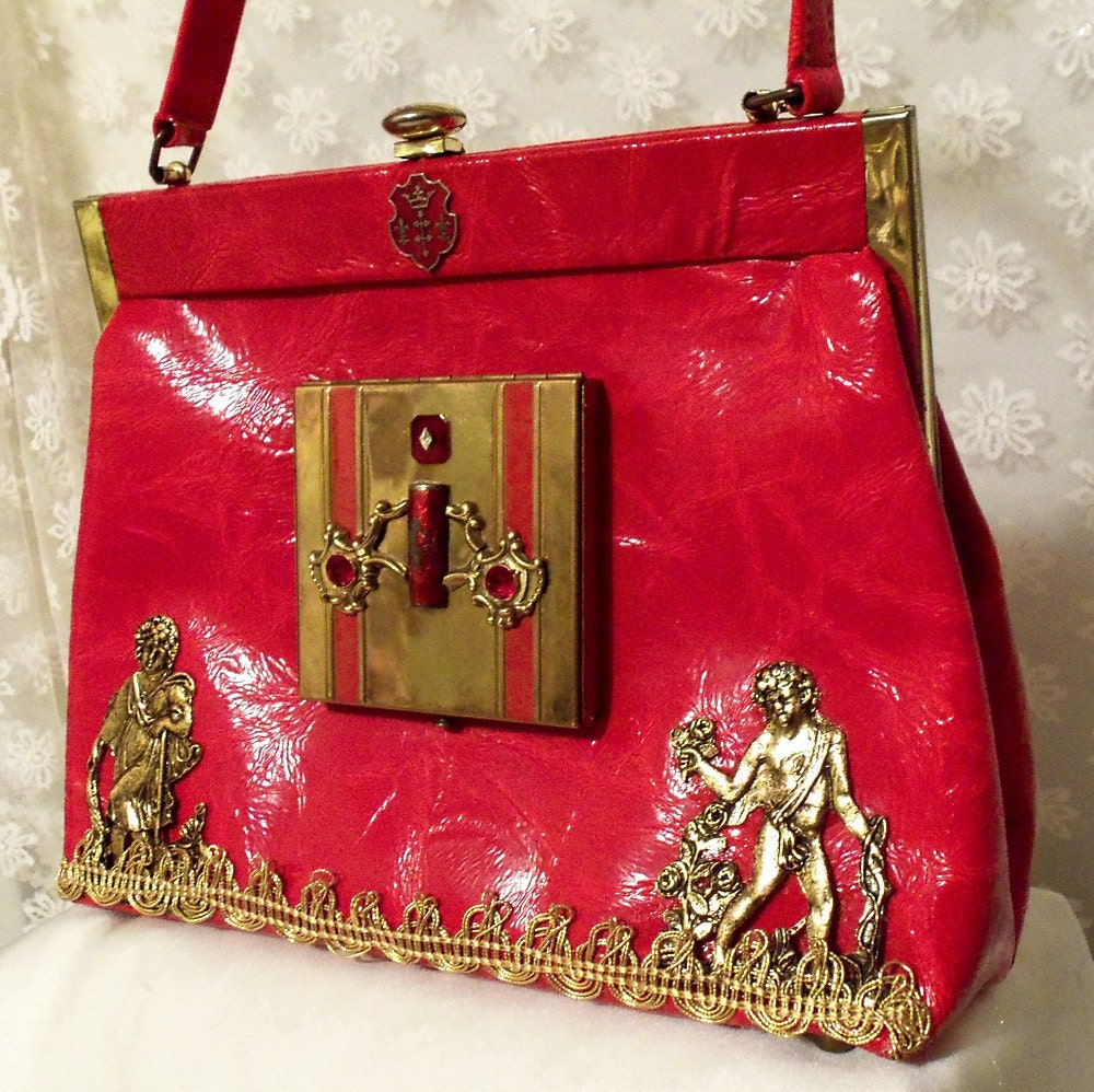 Red Leather Purse Vintage Handbag Victorian by HopscotchCouture