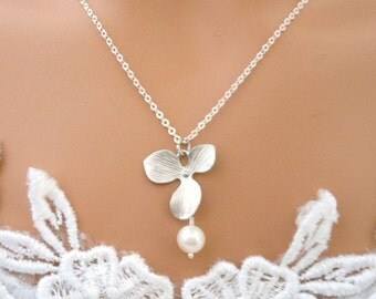 Wedding Jewelry, Orchid Necklace, Pearl, Flower Girl Necklace, Bridesmaid Jewelry, Bridesmaid Necklace, STERLING SILVER CHAIN