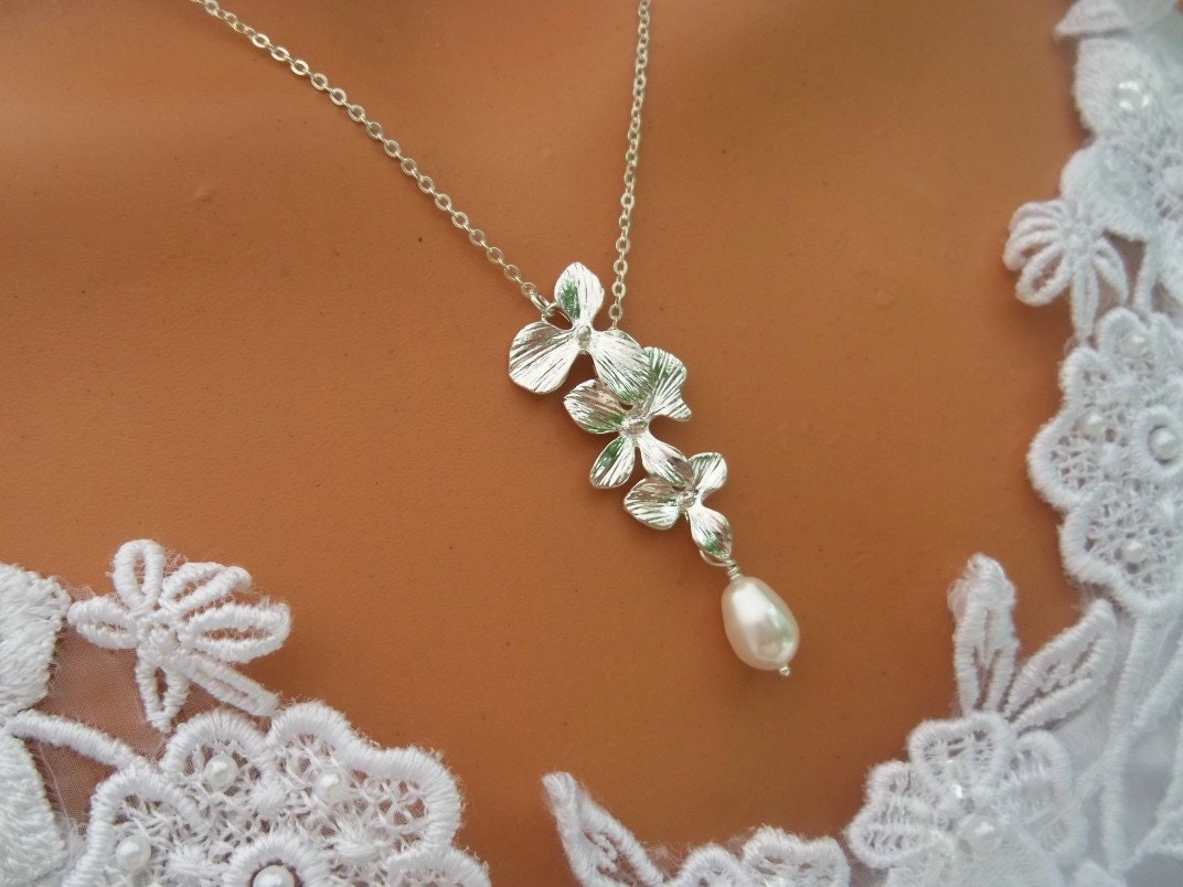 Triple Orchid Necklace Teardrop Pearl Silver by LadyKJewelry