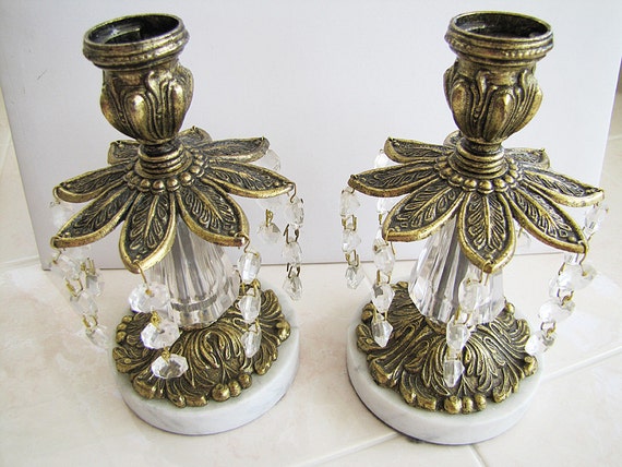 Vintage Ornate Brass Leaves Marble Candle Holder by ...