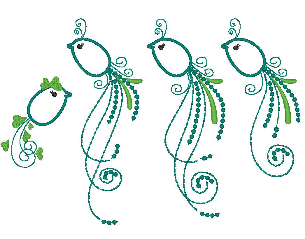 Whimsical birds single machine embroidery fill stitch and