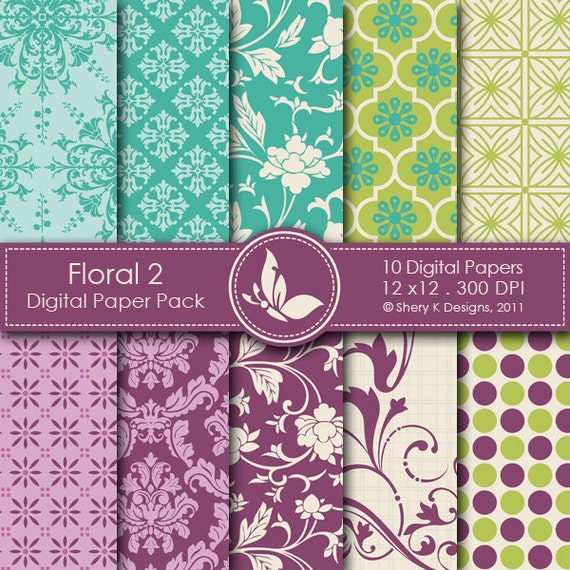 Floral 2 Paper Pack 10 Printable Digital Papers 12 X12 5904