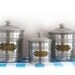 Circa 1920 . 3 French aluminium canisters set box kitchenware, french tag