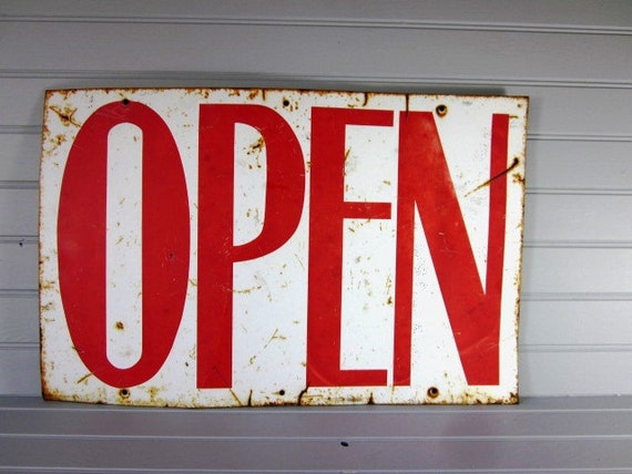 Vintage Industrial Open Sign Red and White Shabby Vintage