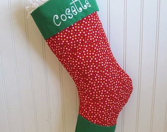 Embroidered Christmas Stocking - Red stocking with multi colored dots and green toe and cuff
