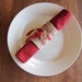 Burlap napkin rings with red accents, ribbon, and customized initial wooden tag - Set of 4