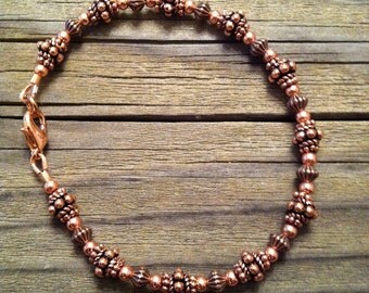 Beaded All Copper Bracelet in Antiqued Copper with Handmade Beads, Artisan
