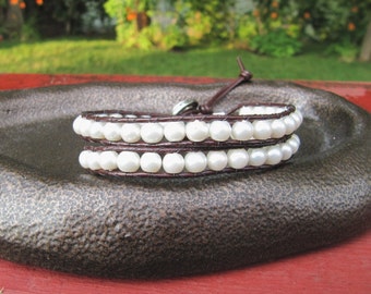 White Pearl Double Beaded Leather Wrap Bracelet with Brown Leather