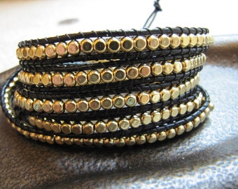 5x Black Beaded Leather Wrap Bracelet with Gold Cube Beads