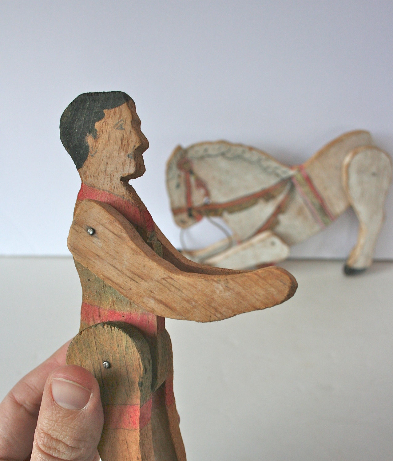 vintage folk art circus wooden toy horse and rider