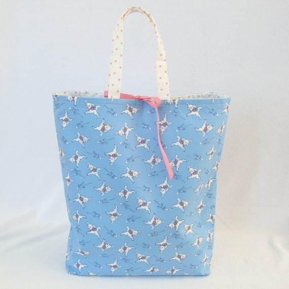 Fabric Gift Bag with Handles Large - Lambs on Baby Blue with Pink ...